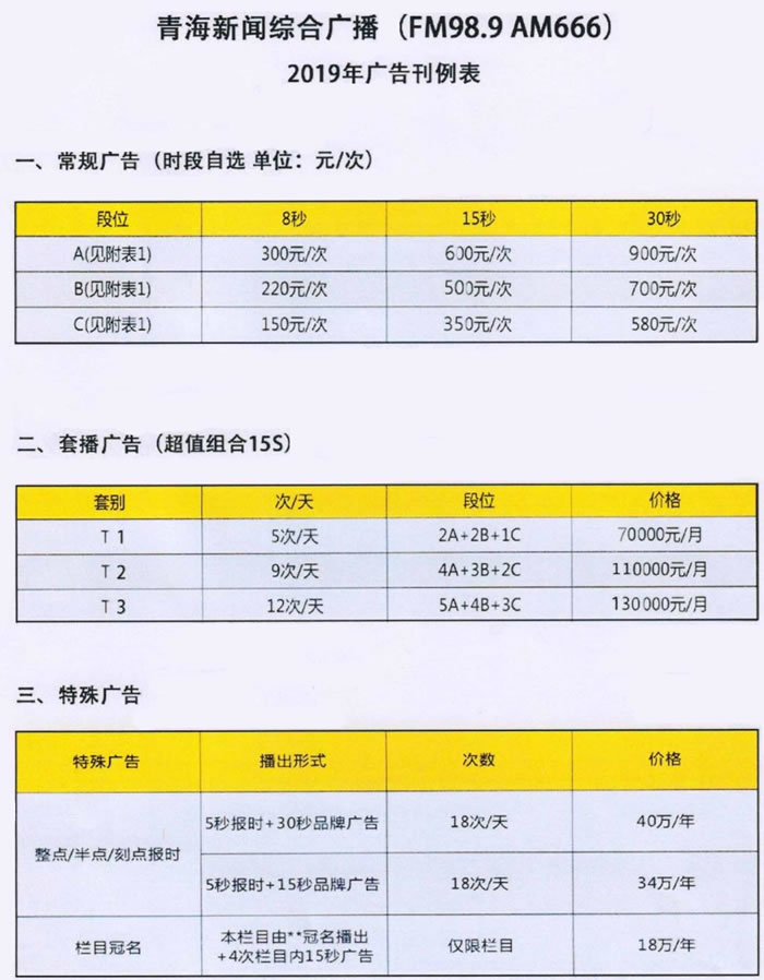 青海人民广播电台新闻综合频率2019年广告价格