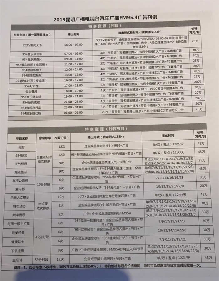 2019年昆明交通广播FM95.4广告价格表