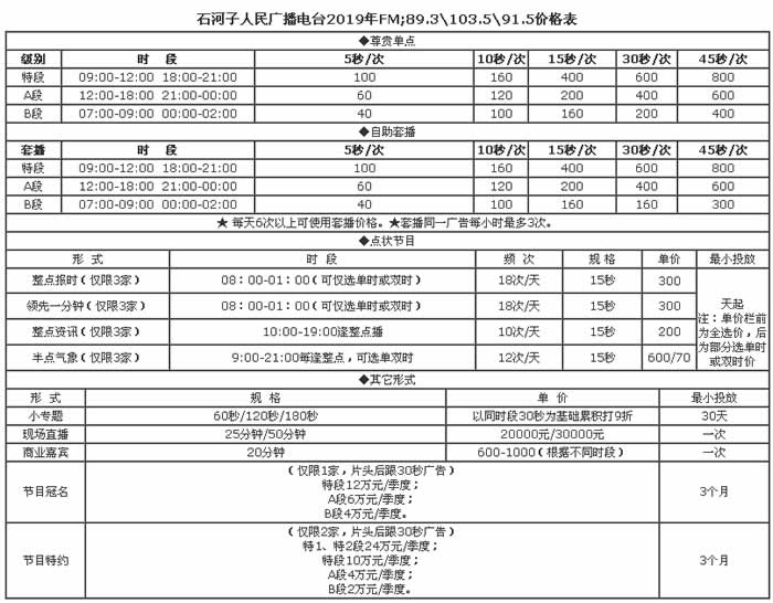石河子电台新闻综合(FM103.5)2019年广告价格