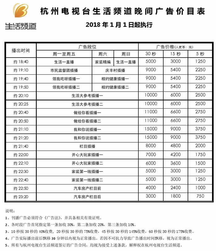杭州电视台生活频道2018年广告价格