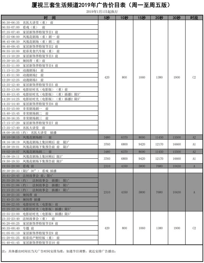 厦视三套生活频道2019年广告价格