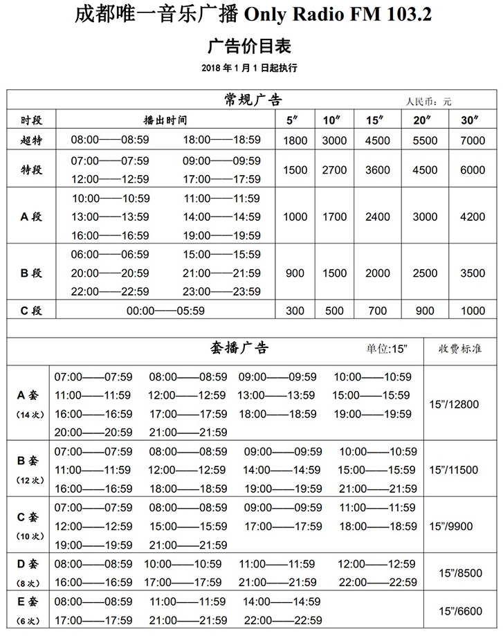 成都电台天音唯一音乐调频Only Radio（FM 103.2）2018年广告价格