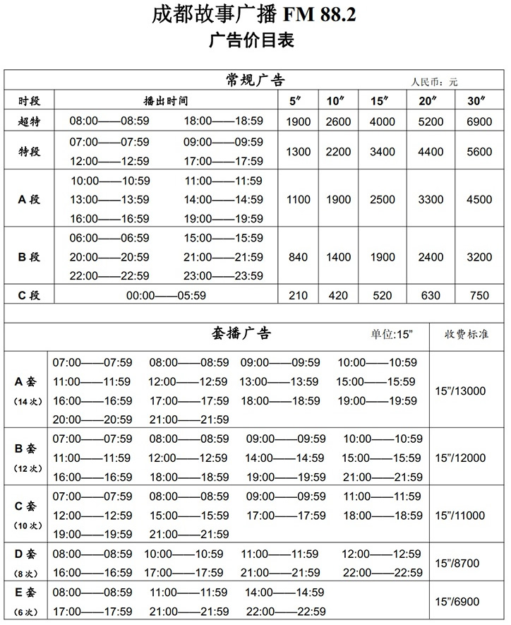 成都电台故事广播（FM88.2）2018年广告报价