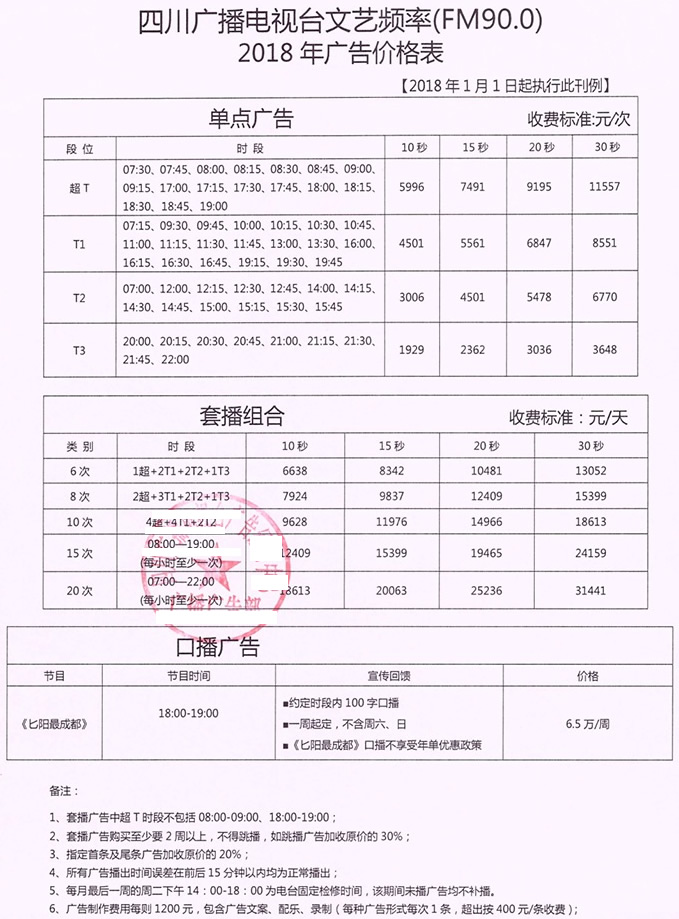 四川电台文艺频率（FM90.0）2018年广告价格