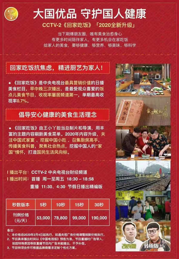 CCTV2财经频道《回家吃饭》栏目2020年广告价格