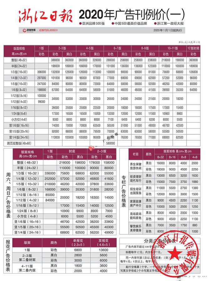 浙江日报广告刊登价格