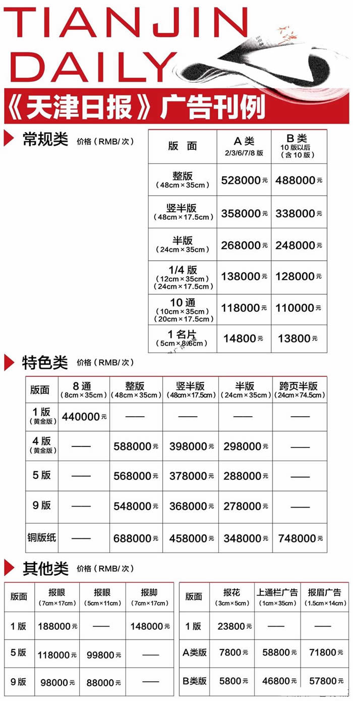 天津日报2020年最新广告刊登价格
