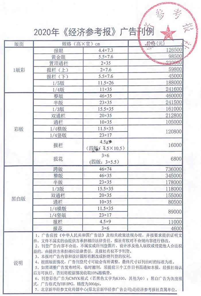 经济参考报最新广告价目表