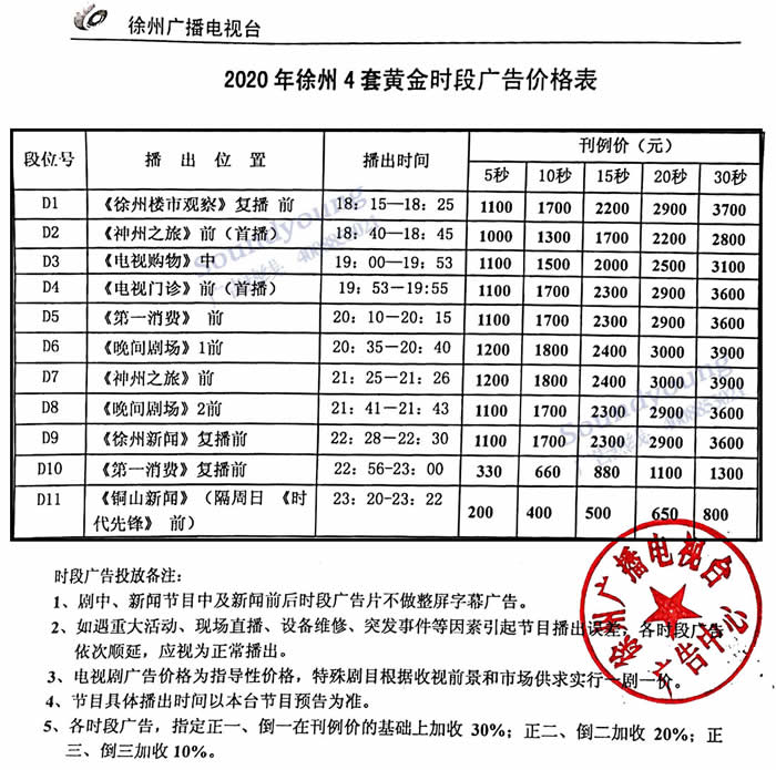 徐州4套公共频道2020年广告价格
