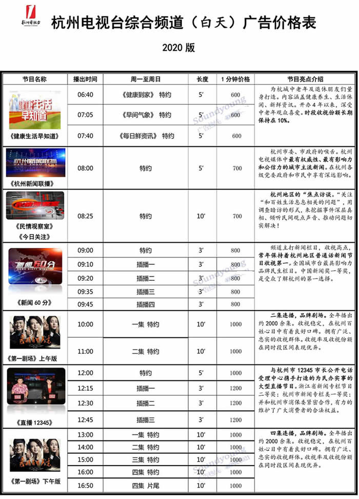 杭州综合频道2020年白天广告价格