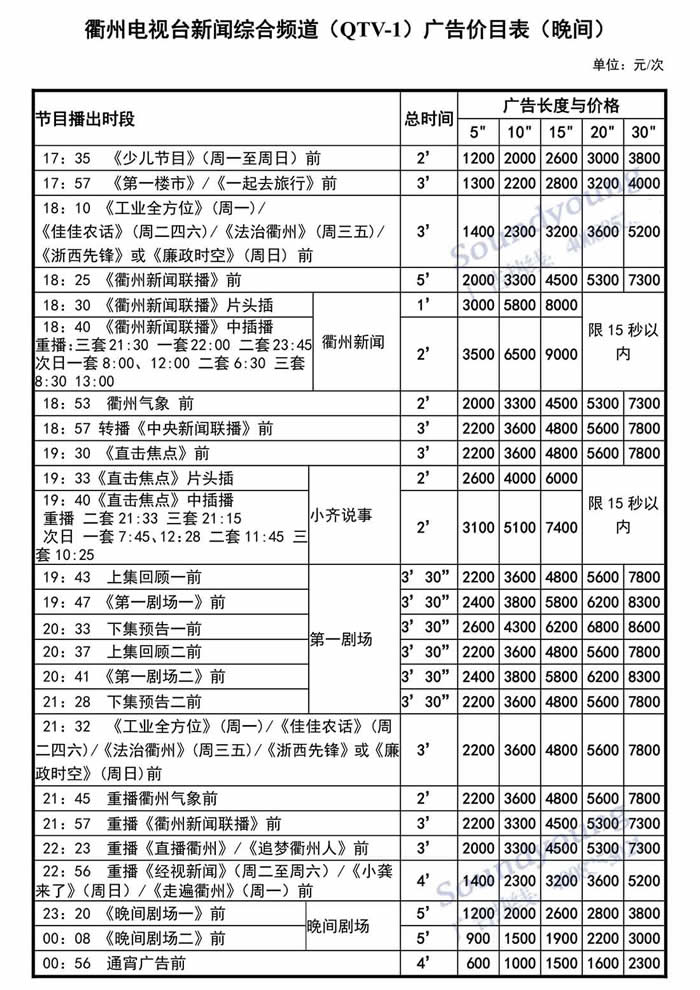 衢州电视台新闻综合频道2020年晚间广告价格