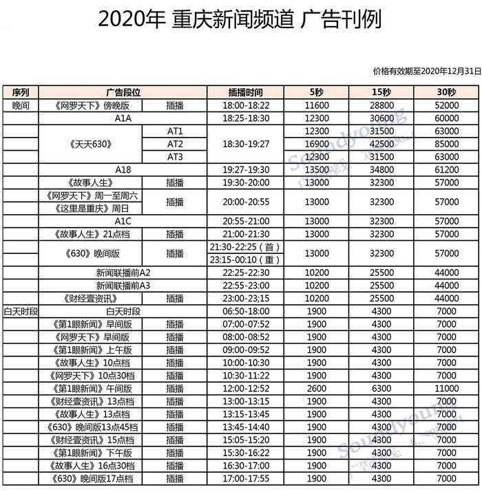 重庆新闻频道2020年最新广告价格