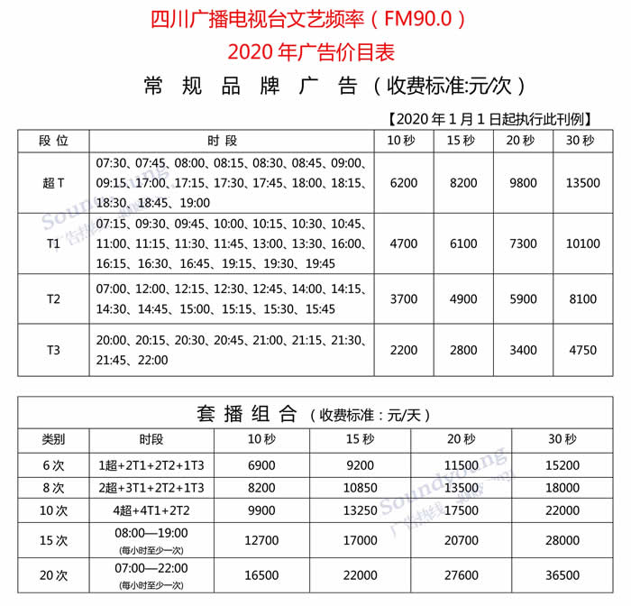 四川文艺频率（FM90.0）2020年广告价格