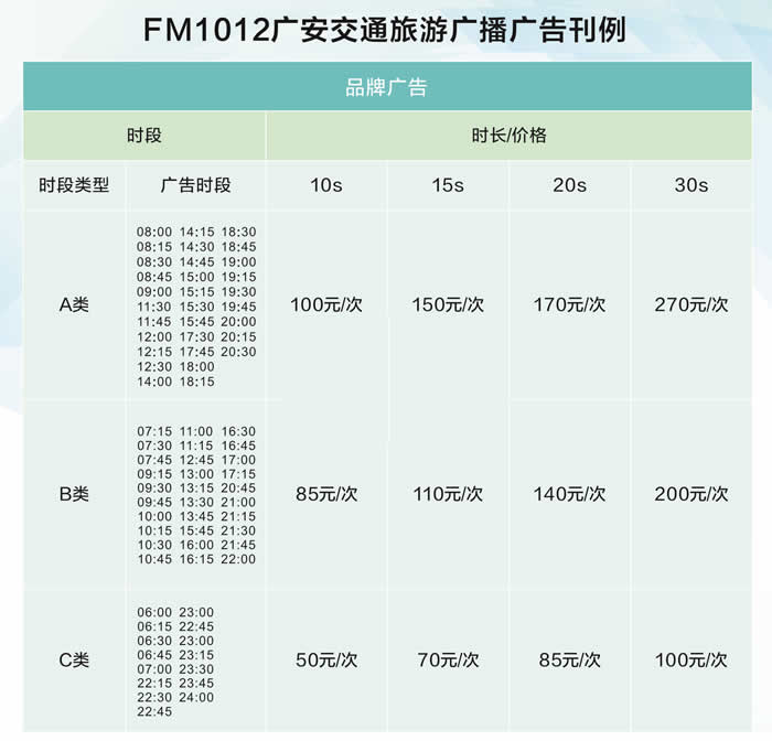 广安交通旅游广播（FM94.7）2020年广告价格