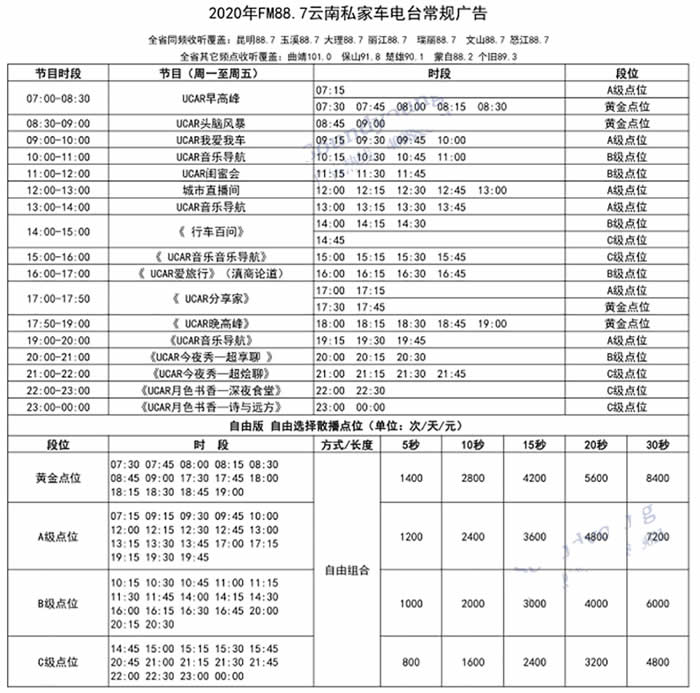 云南私家车广播(FM88.7)2020年广告价格