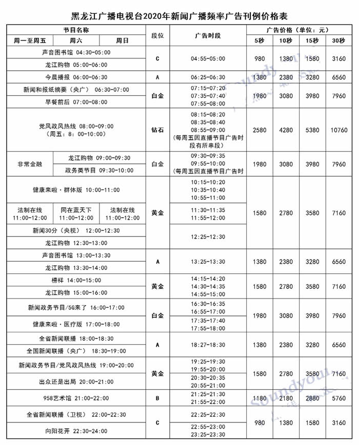 黑龙江新闻广播2020年广告报价