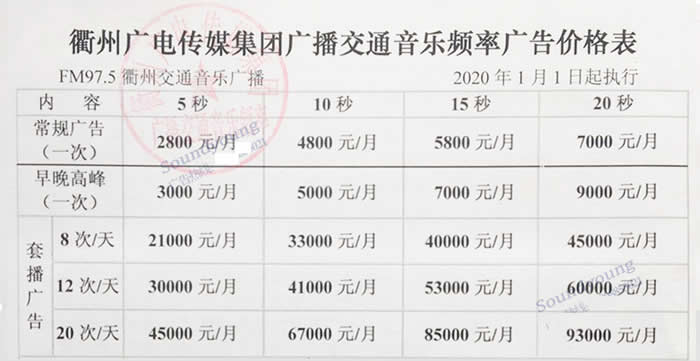 衢州交通音乐频道2020年广告价格