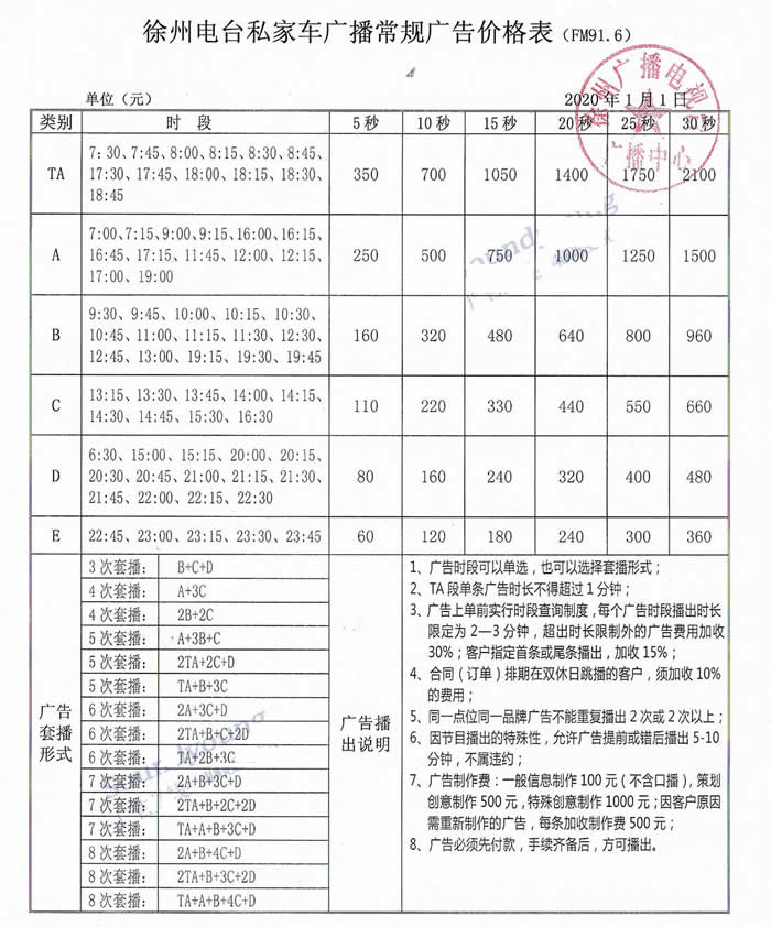 徐州私家车广播（FM91.6）2020年广告价格