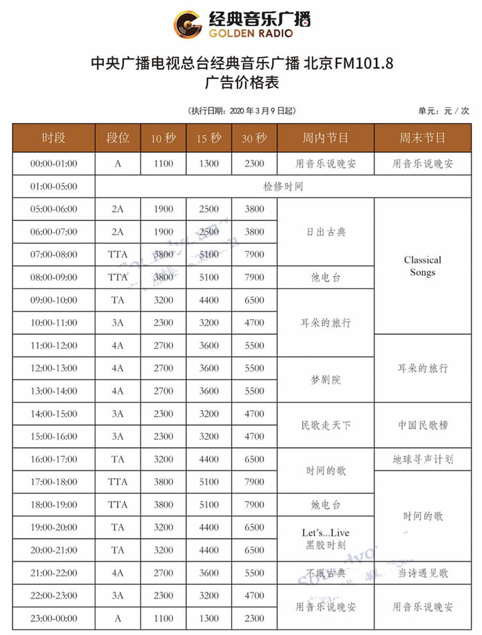 中央电台中国经典音乐广播2020年广告价格