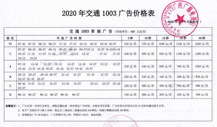 广西交通广播（FM100.3）2020年广告价格