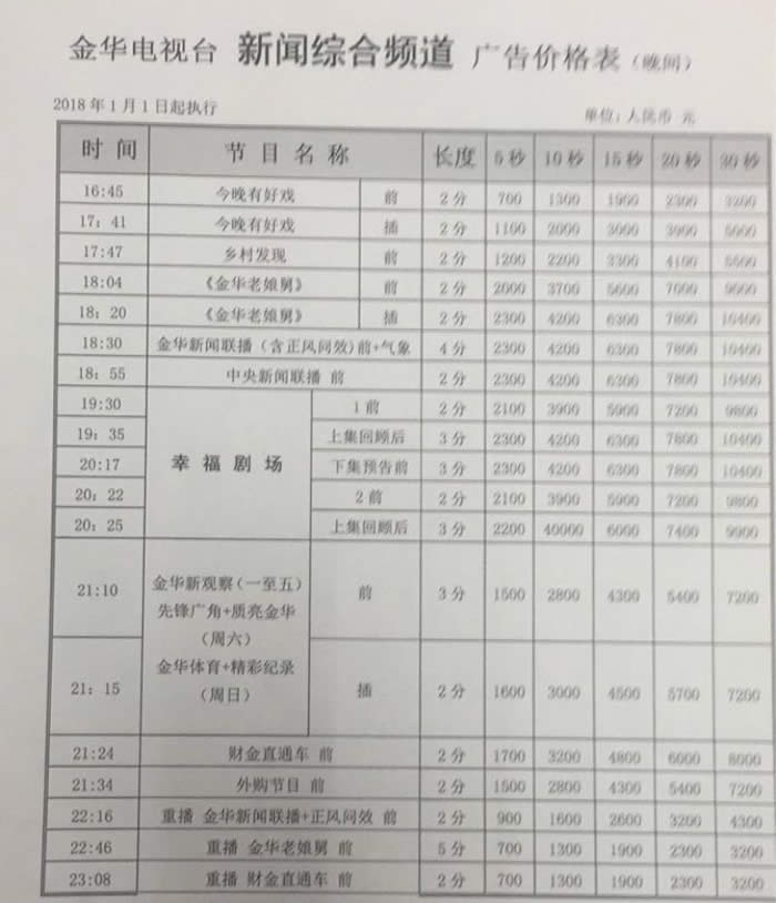 浙江金华电视台新闻综合频道2018年广告价格