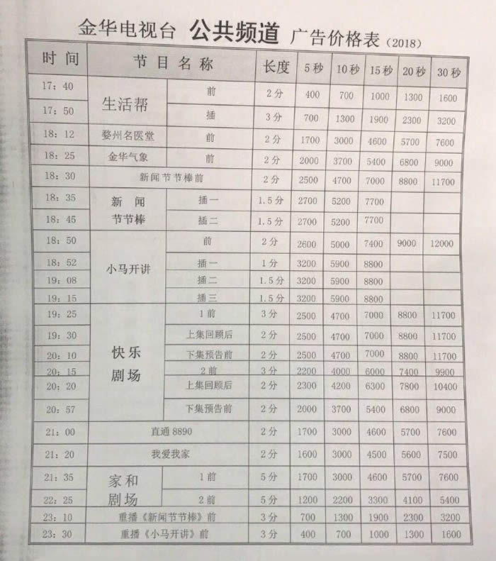 金华电视台公共频道2018年广告价格