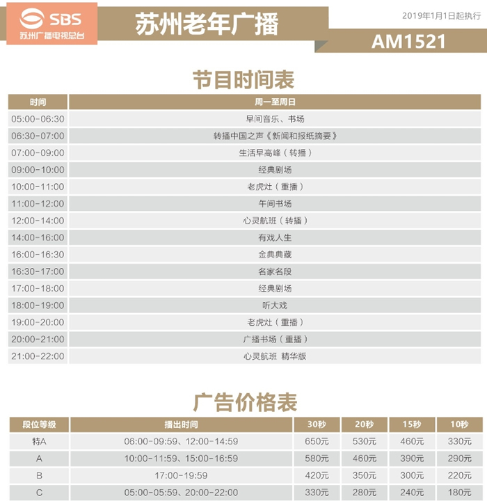 苏州电台老年广播(AM1521)2019年广告价格