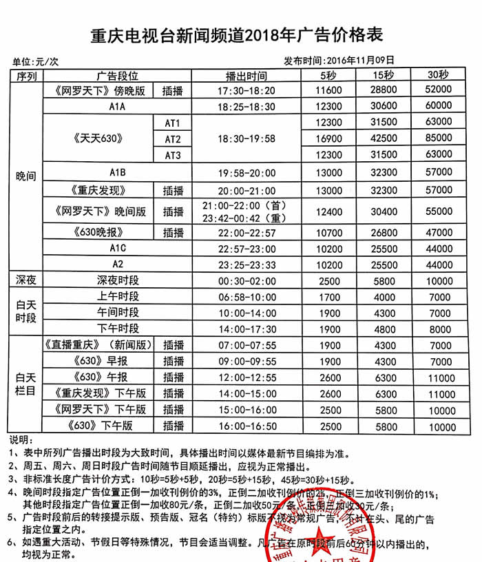 重庆电视台新闻频道2018年广告价格