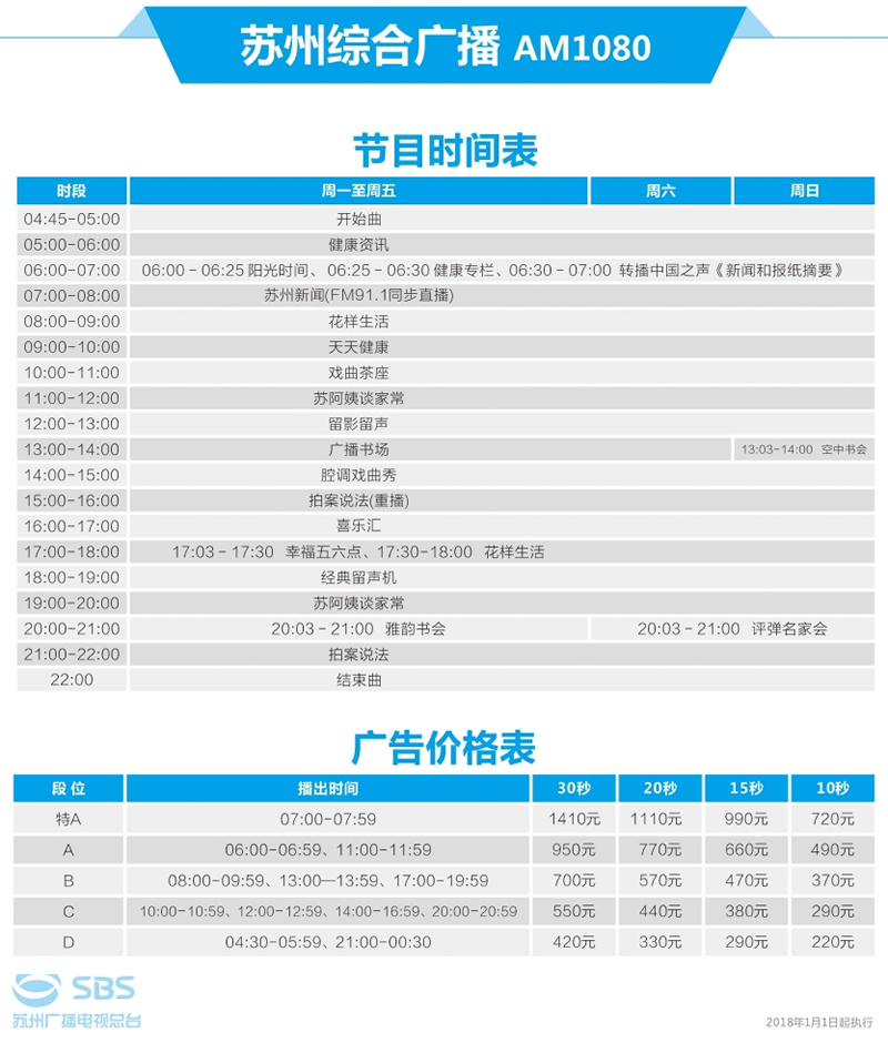 苏州电台综合频率(AM1080)2018年广告价格