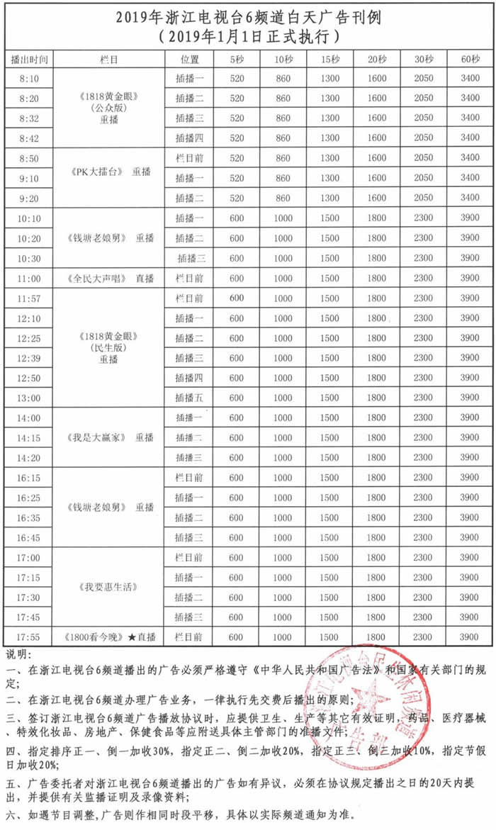浙江电视台民生休闲频道2019年白天广告价格