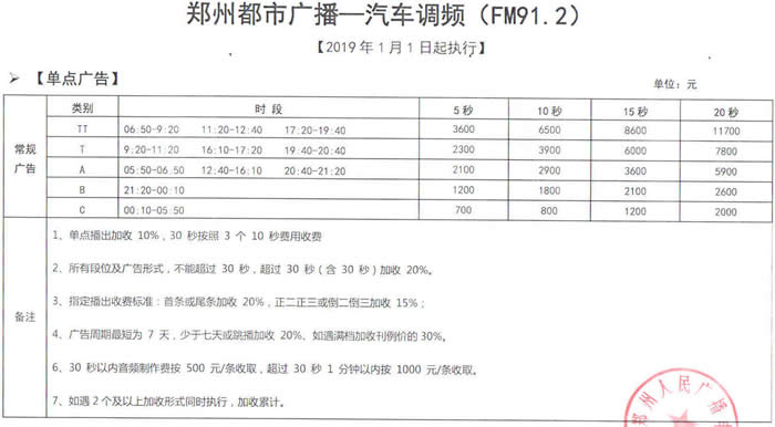 2019郑州都市广播-汽车调频广告价格