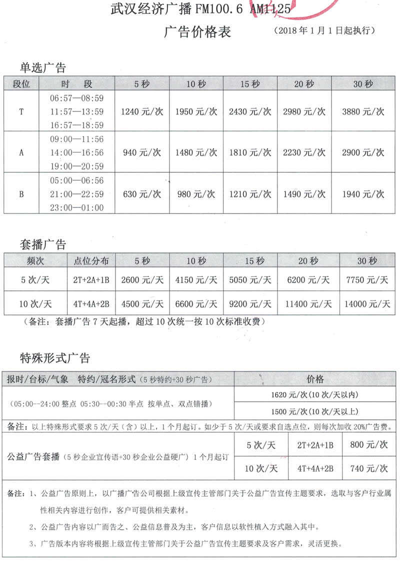 武汉电台经济广播（AM1125/FM100.6）2018年广告价格