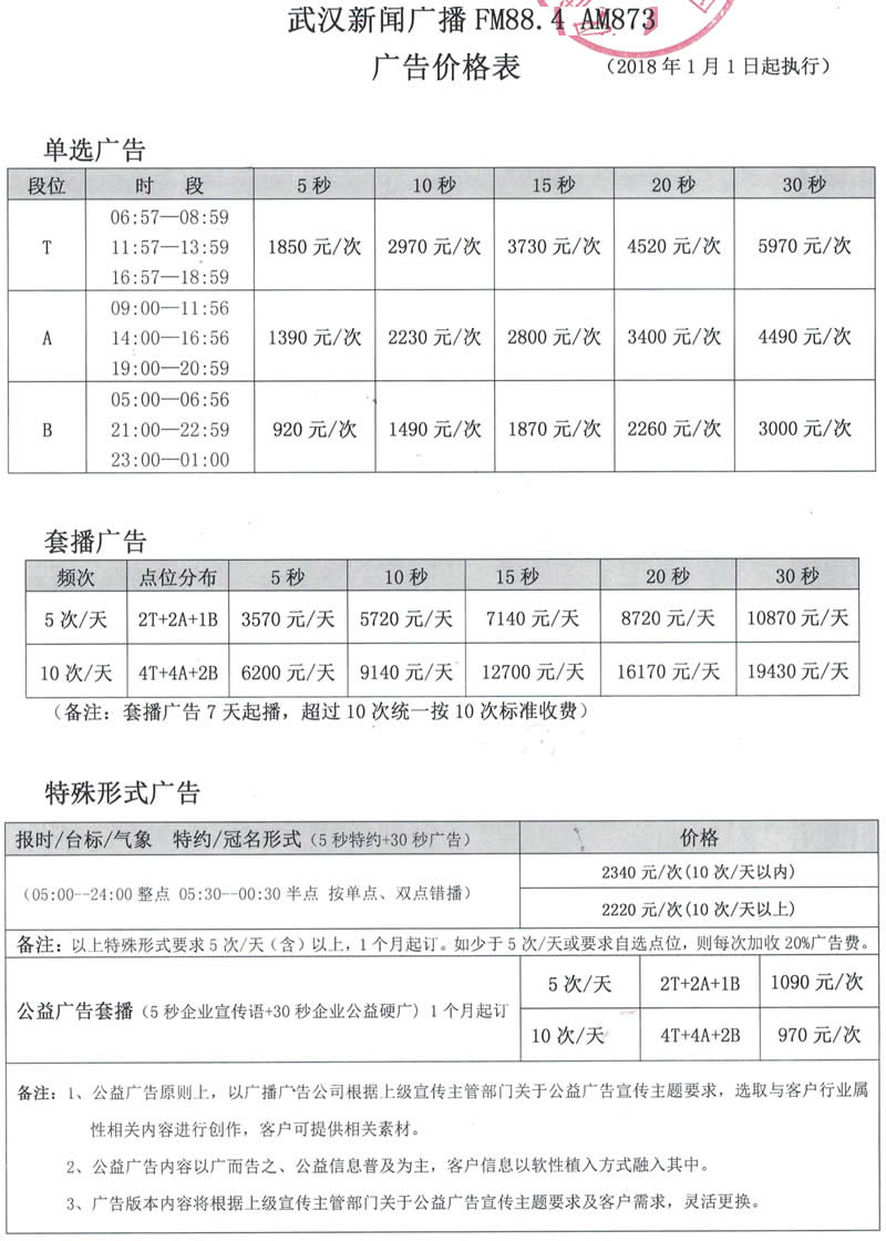 武汉电台新闻广播（FM88.4）2018年广告价格