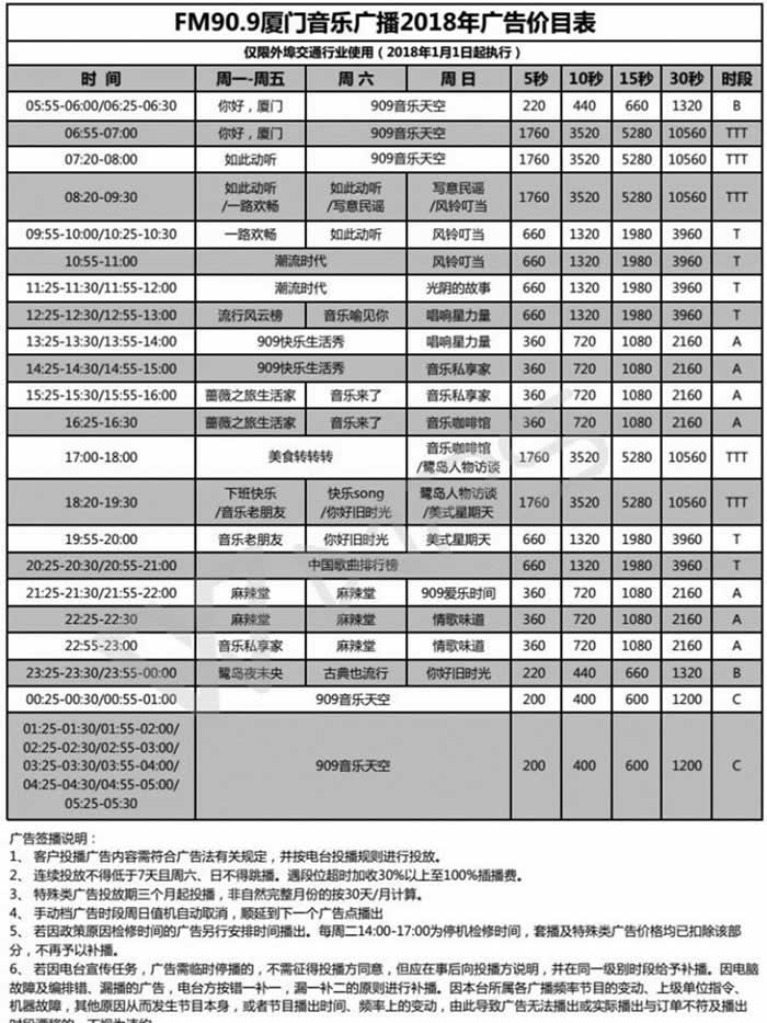 厦门电台音乐广播（FM90.9）2018年广告价格