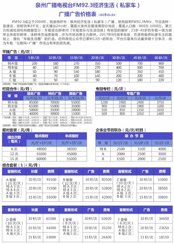 泉州FM92.3经济生活（私家车）广播2019年广告价格表