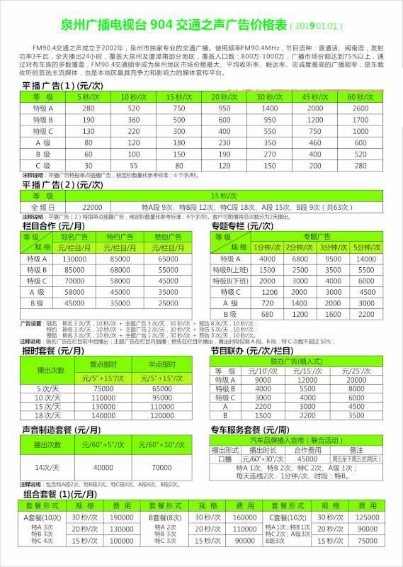 泉州广播电台FM904交通之声2019年广告价格表