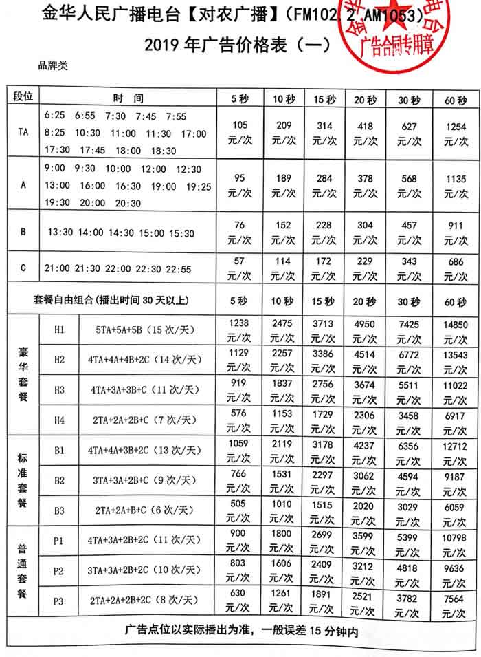 金华人民广播电台对农广播（FM102.2 AM1053）2019年广告价格