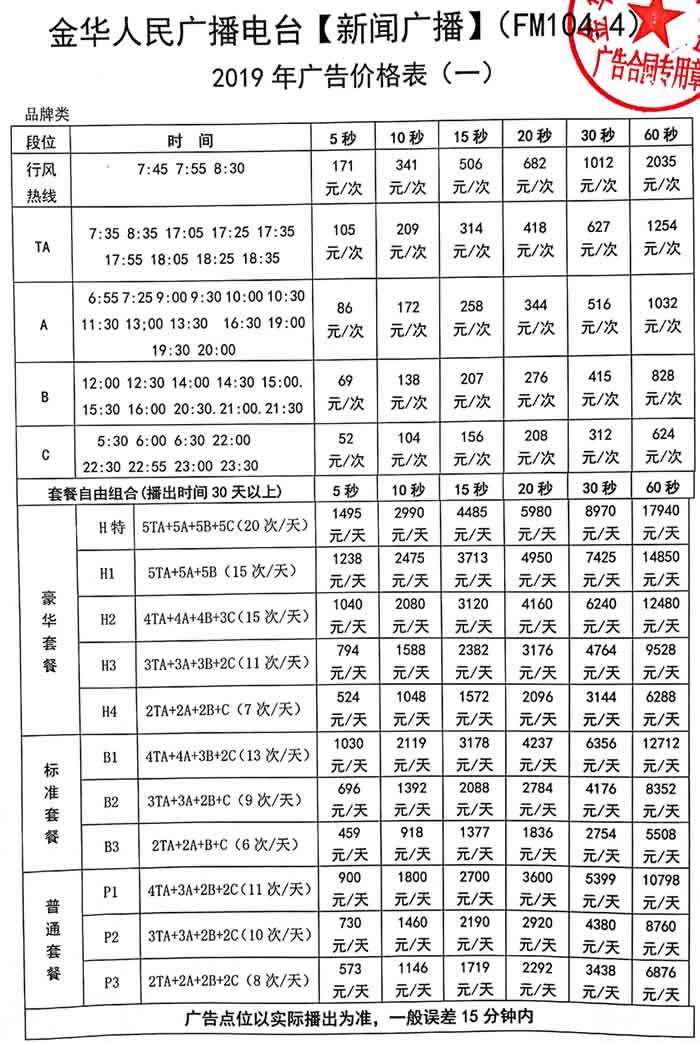 金华人民广播电台新闻广播金华之声（FM104.4）2019年广告价格