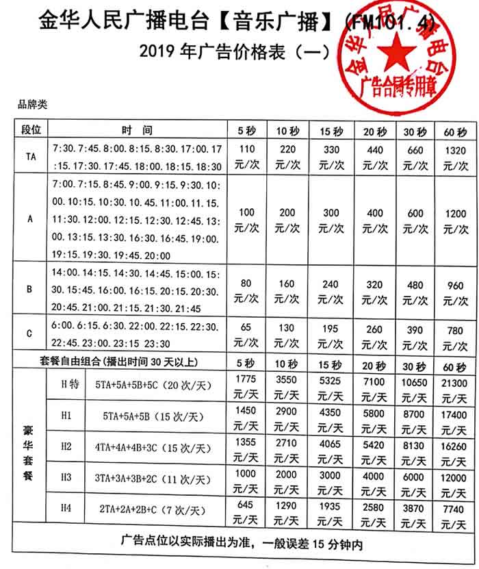 金华人民广播电台音乐广播（FM101.4）2019年广告价格