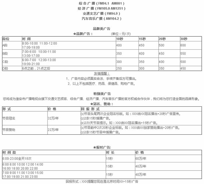 淮安人民广播电台综合广播（FM94.1   AM801）2019年广告价格