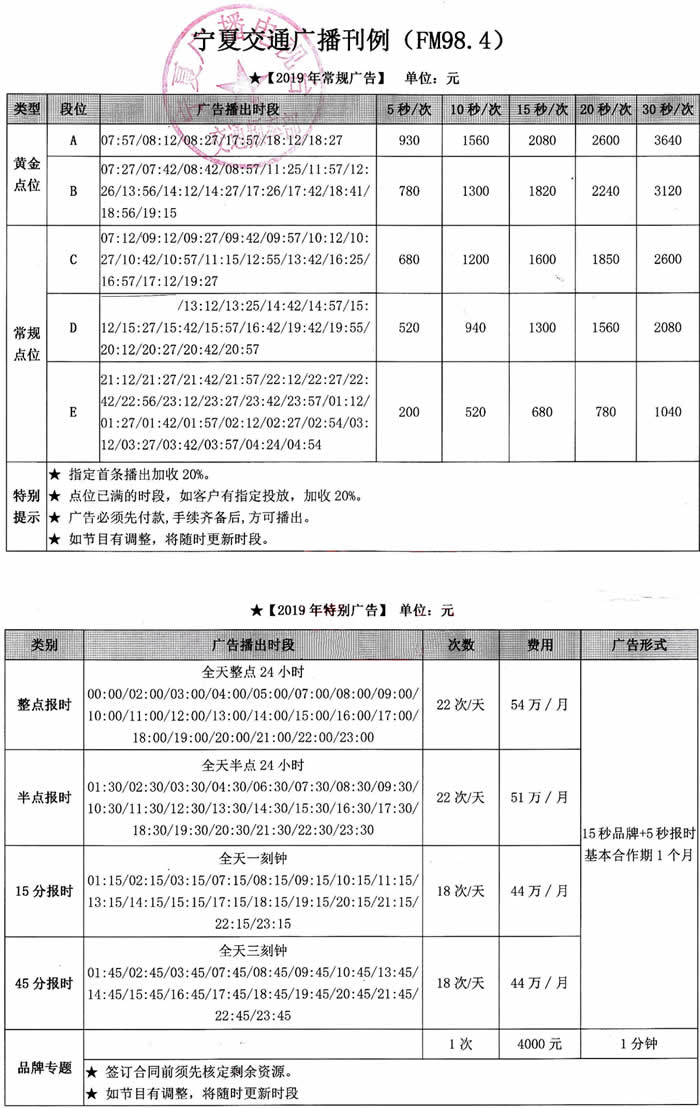 宁夏人民广播电台交通广播（FM98.4）2019年广告价格