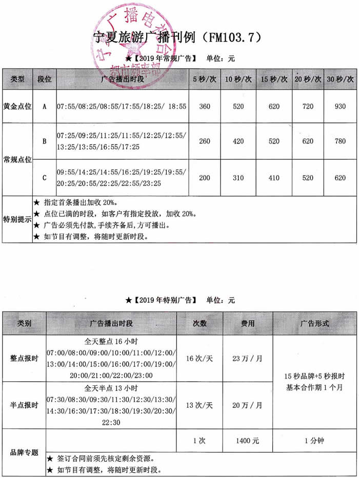 宁夏人民广播电台旅游广播（fM103.7）2019年广告价格