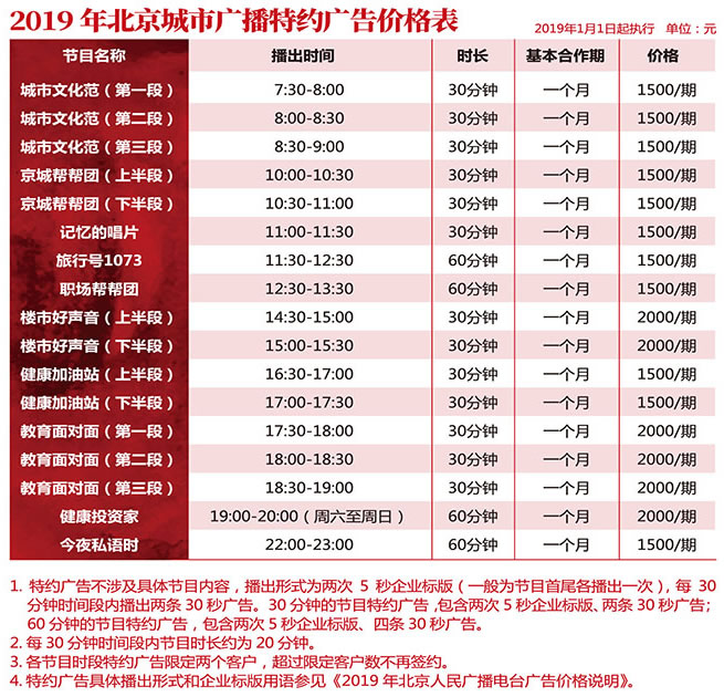 北京电台城市广播（FM107.3）2019年广告报价