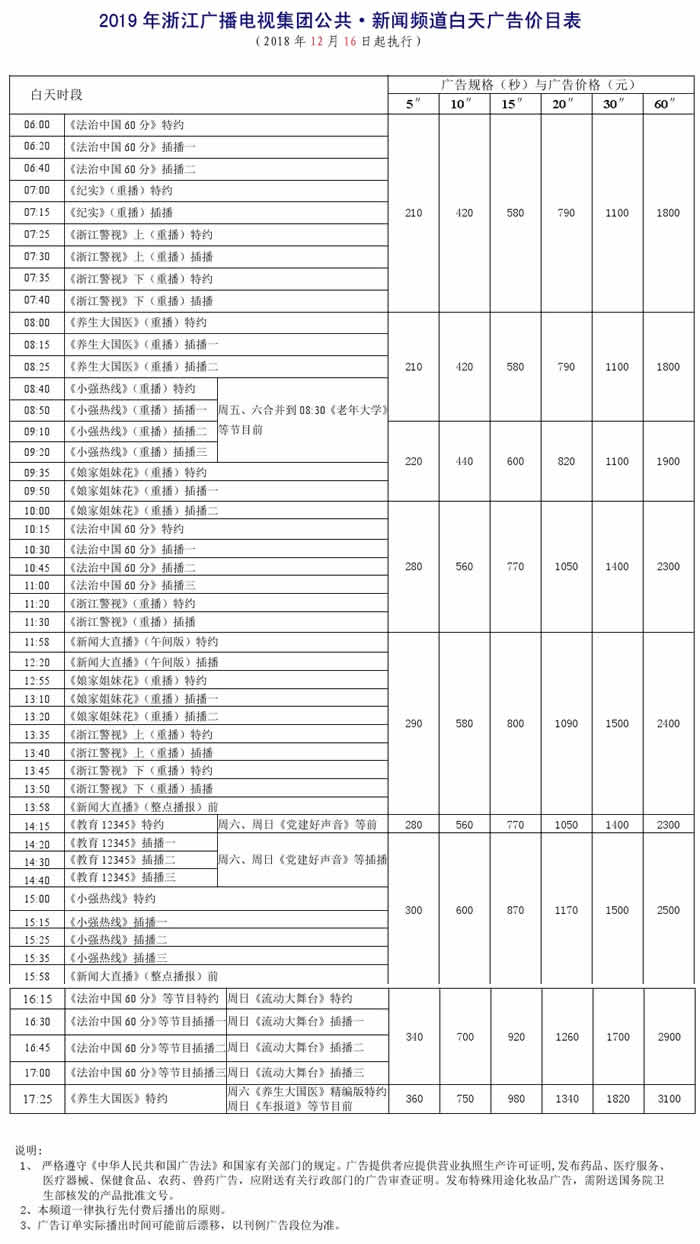 浙江电视台公共·新闻频道2019年白天广告价目表 