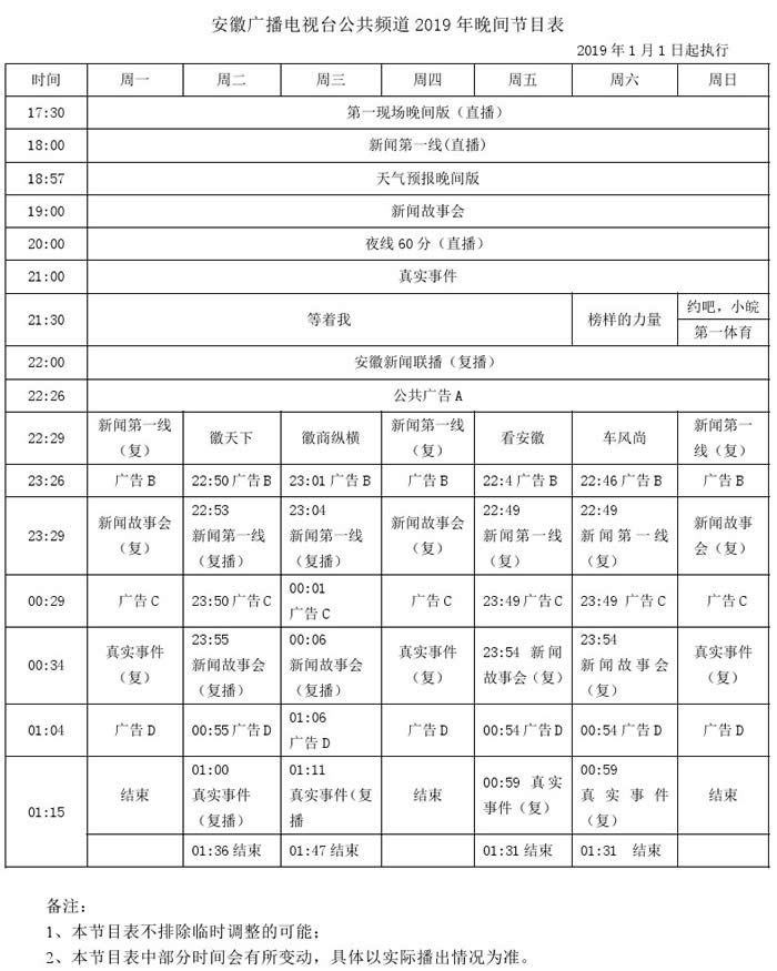 安徽电视台公共频道2019年晚间广告价格