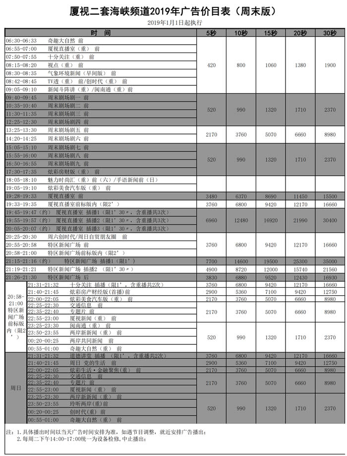 厦视二套海峡频道2019年周末广告价格