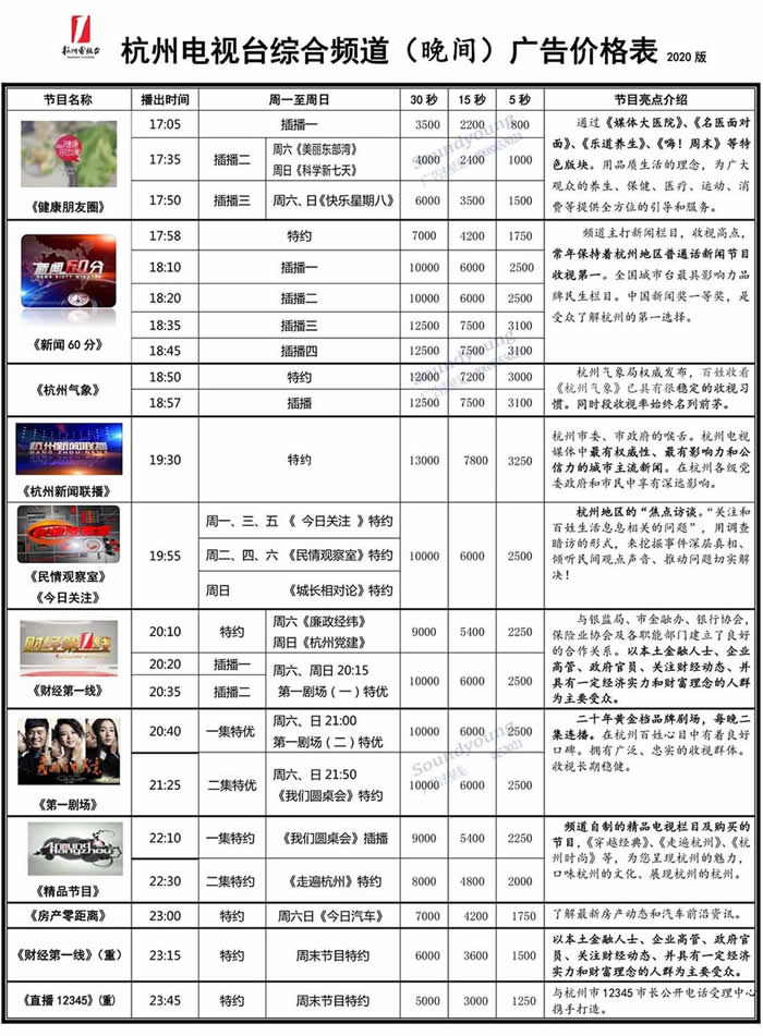 杭州电视台综合频道2020年晚间广告价格