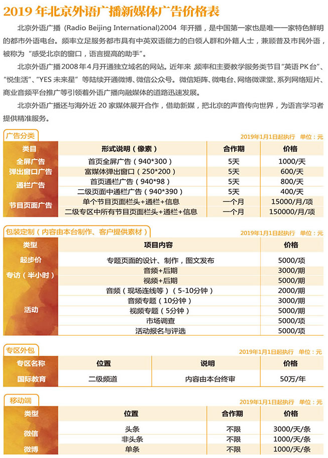 北京电台外语广播2019年广告价格