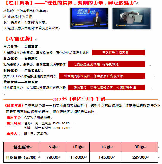 CCTV2财经频道《经济与法》栏目2017年广告价格
