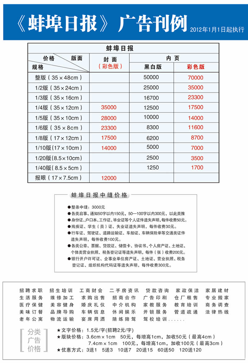 《蚌埠日报》2015年广告价目表（沿用）